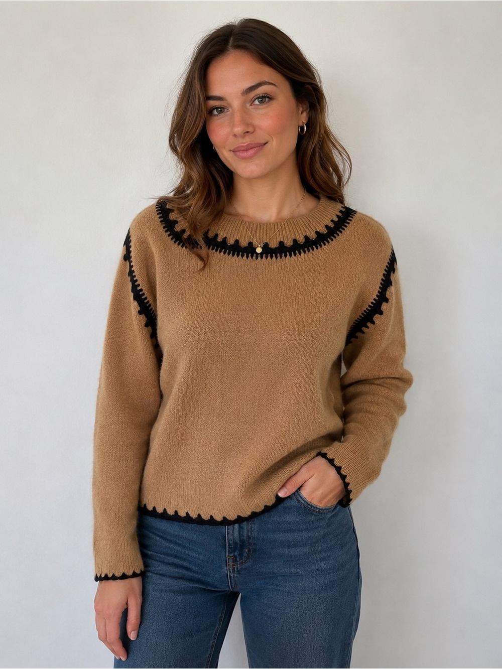 Monroe and Main Warm Winter Crochet Trim Sweater Size Large Brown & Black
